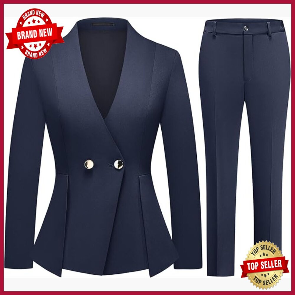 Women's 2-Piece Pantsuit Set V-Neck Blazer Trousers Business Casual